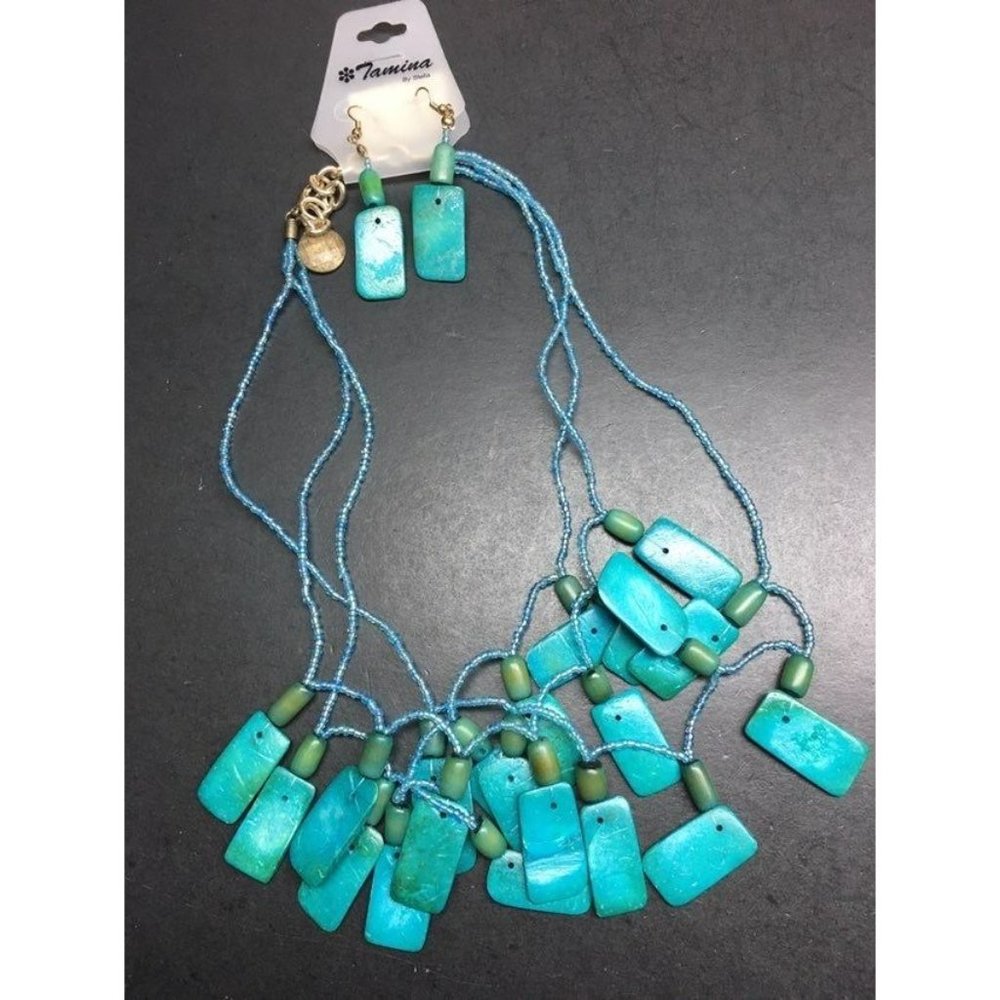 Turquoise Statement Necklace Earrings Silver Green Dangle Pierced Retro BoHo